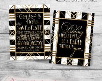 Gatsby Save the Date, Roaring 20s Invitation, Black & Gold Customized Free