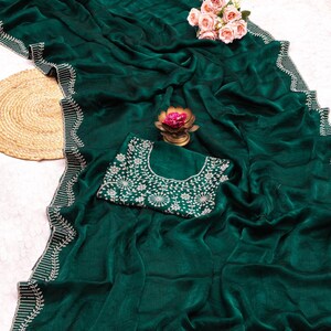 Women's Hot Fix Diamonds Work Frendy Chiffon Jarkan Diamond Work Saree With Blouse Piece image 14
