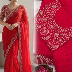Women's Hot Fix Diamonds Work Frendy Chiffon Jarkan Diamond Work Saree With Blouse Piece image 1