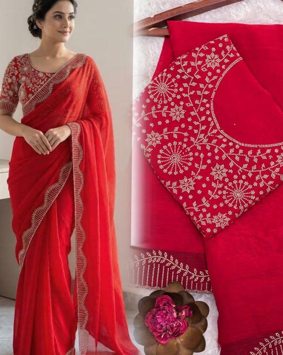 Women's Hot Fix Diamonds Work Frendy Chiffon Jarkan Diamond Work Saree With Blouse Piece