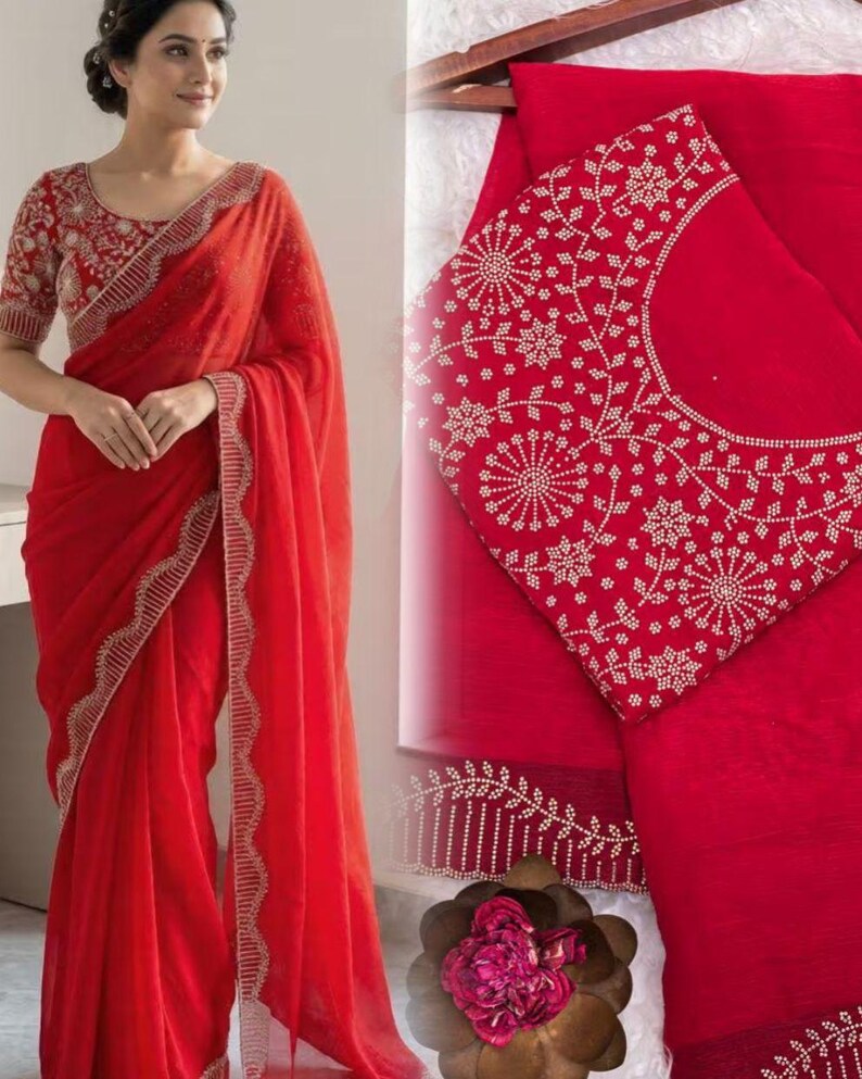 Women's Hot Fix Diamonds Work Frendy Chiffon Jarkan Diamond Work Saree With Blouse Piece image 1