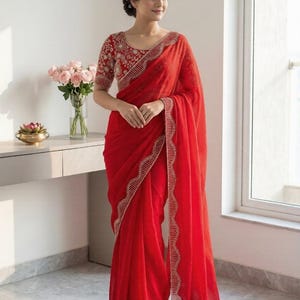 Women's Hot Fix Diamonds Work Frendy Chiffon Jarkan Diamond Work Saree With Blouse Piece colour-1