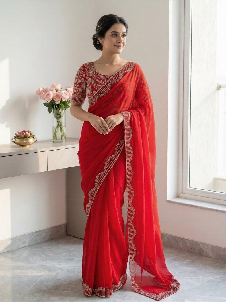 Women's Hot Fix Diamonds Work Frendy Chiffon Jarkan Diamond Work Saree With Blouse Piece colour-1