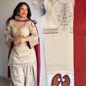 Hermoso traje Farshi Pent Salwar Kameez con bordado pesado y lentejuelas, con dupatta.