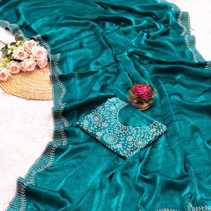 Women's Hot Fix Diamonds Work Frendy Chiffon Jarkan Diamond Work Saree With Blouse Piece image 20
