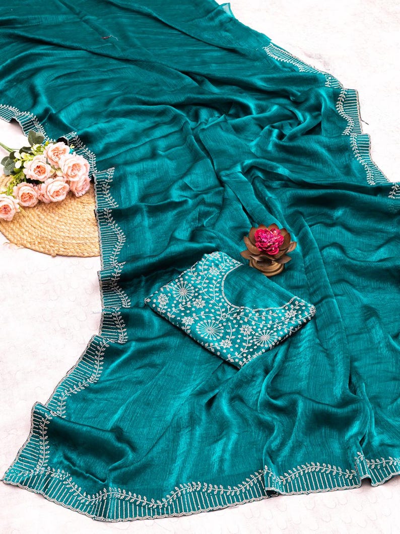 Women's Hot Fix Diamonds Work Frendy Chiffon Jarkan Diamond Work Saree With Blouse Piece image 20