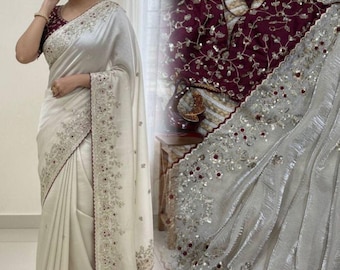 Beautiful Jimmy Chu  Sequence embroidery work Saree Whit Stitched Blouse