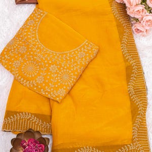 Women's Hot Fix Diamonds Work Frendy Chiffon Jarkan Diamond Work Saree With Blouse Piece image 9
