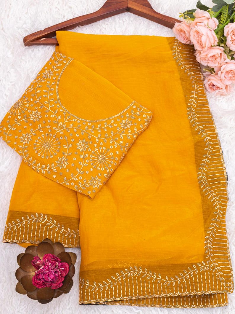 Women's Hot Fix Diamonds Work Frendy Chiffon Jarkan Diamond Work Saree With Blouse Piece image 9