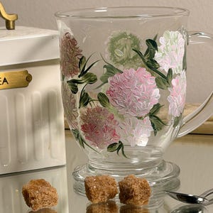 Hand Painted Firelight Hydrangea Glass Mug Coffee Lover Birthday Present