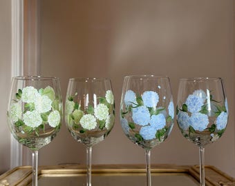Hand Painted Hydrangea Wine Glasses, Personalized Bridesmaid Glassware, Folk Art Enamel
