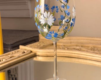 Hand Painted Blue Meadow Daydream Floral Wine Glass