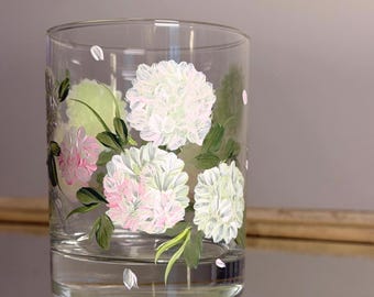Hand Painted Hydrangea Glass, Firelight Floral Barware, Bride gift
