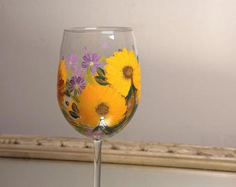 Hand Painted Sunflower Wine Glass, Birthday Present, Aster Birth Flower Design, Matching Carafe Option