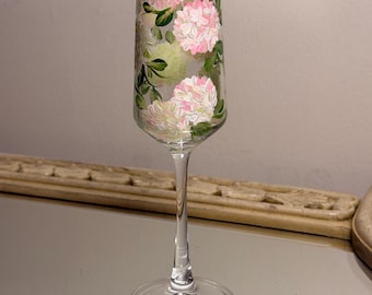 Hand Painted Gold Rimmed Firelight Hydrangea Champagne Flute