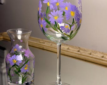 Hand Painted Aster September Flower Wine Glass