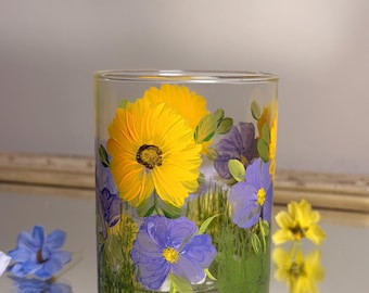 Hand Painted Cosmos & Sunflowers Double Rocks Whiskey/Water Glass