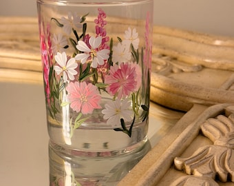 Hand Painted Pink Wildflowers Whiskey Glass