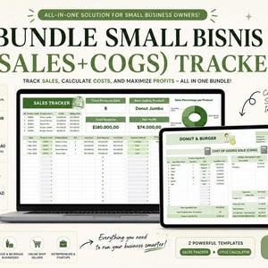 May include: A digital bundle for small business owners featuring a sales tracker and COGS calculator. The display shows a laptop and tablet screen with green and white spreadsheets, charts, and text including BUNDLE SMALL BISNIS SALES+COGS TRACKER.