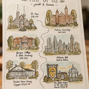 May include: A watercolor print titled MAP OF US - jacob & lauren featuring six illustrated landmarks with dates and locations including St. Ann, Auburn University, Georgia College & State University, Atlanta, GA, Painted Horse Winery, and The Hotel Chalet.