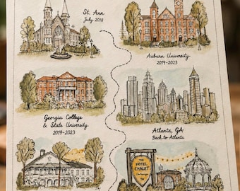 Puede incluir: Una impresión en acuarela titulada MAP OF US - jacob & lauren que presenta seis puntos de referencia ilustrados con fechas y ubicaciones, incluyendo St. Ann, Auburn University, Georgia College & State University, Atlanta, GA, Painted Horse Winery y The Hotel Chalet.