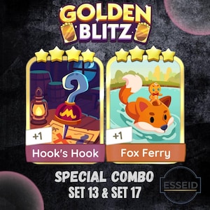 May include: Two illustrated cards from a game, "Golden Blitz." One card features a pirate hook and the text "Hook's Hook." The other card shows a fox swimming with a gingerbread man and the text "Fox Ferry." The cards are labeled "Special Combo Set 13 & Set 17."