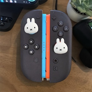 May include: Two game controller attachments featuring matte black shells and white rabbit-shaped joystick covers. The left attachment has a light blue side rail, while the right attachment has an orange side rail, both displaying standard buttons.