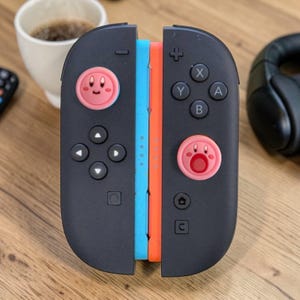 May include: Two black game controllers joined together, featuring a light blue side edge and an orange side edge. Each controller has a pink circular thumbstick cover with a cartoon character face and a paw print design on the buttons.