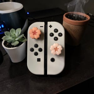 May include: A pair of white game controllers featuring two light pink cherry blossom flower thumbstick covers. The controllers have black buttons, including a directional pad, a plus sign, a minus sign, and the letters X, Y, A, and B on the right side.