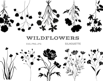 Paquete de imágenes PNG de flores silvestres, boceto botánico, prado de flores, ramo de flores minimalista, imágenes prediseñadas de flores silvestres, silueta (descarga digital)
