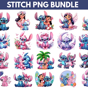 K&ouml;nnte beinhalten: Eine Sammlung farbenfroher PNG-Bilder mit den Charakteren Stitch und Lilo aus dem Disney-Film Lilo & Stitch. Die Bilder zeigen Stitch in verschiedenen Posen mit Lilo, Blumen und anderen dekorativen Elementen. Der Text "STITCH PNG BUNDLE" steht oben.