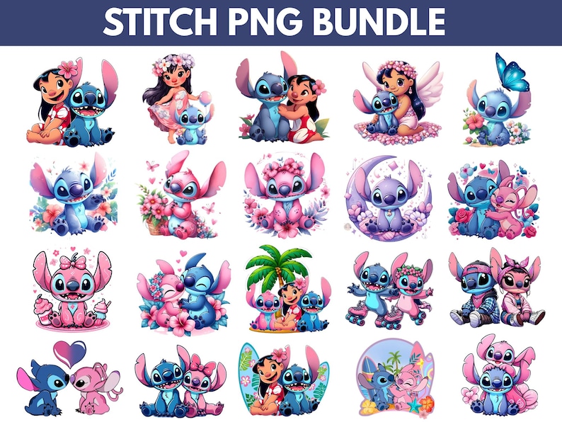 K&ouml;nnte beinhalten: Eine Sammlung farbenfroher PNG-Bilder mit den Charakteren Stitch und Lilo aus dem Disney-Film Lilo & Stitch. Die Bilder zeigen Stitch in verschiedenen Posen mit Lilo, Blumen und anderen dekorativen Elementen. Der Text "STITCH PNG BUNDLE" steht oben.