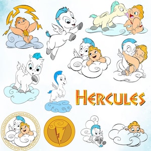 May include: A collection of cartoon illustrations featuring a baby with blonde hair and a small white winged horse with a blue mane. The images show them on clouds, with lightning bolts, and the word HERCULES in yellow and orange block letters.