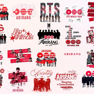 Könnte beinhalten: Eine Sammlung roter und schwarzer Grafikdesigns mit der Band BTS und dem Wort "Arirang". Die Designs enthalten Text, Silhouetten von Personen und das BTS-Logo. Einige Designs haben den Text "BTS World Tour".
