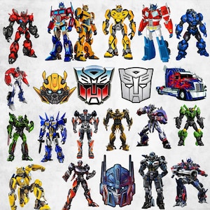 May include: A collection of Transformers character illustrations featuring various robots in red, blue, yellow, and green color schemes, along with two Autobot and Decepticon faction emblems and a blue semi-truck with flame decals on a light background.
