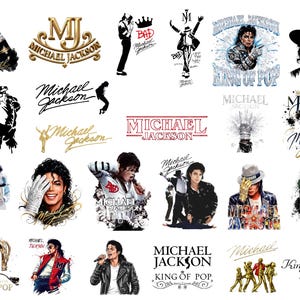 May include: A collection of graphic designs featuring Michael Jackson. The images include portraits, silhouettes, and stylized text, with the words "Michael Jackson" and "King of Pop" prominently displayed. The designs vary in color and style.