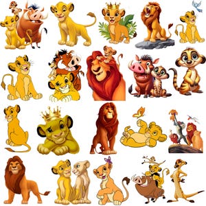 May include: A selection of cartoon illustrations featuring characters from "The Lion King." The images include lions, lion cubs, Timon, Pumbaa, and other characters in various poses. The colour palette is primarily yellow, orange, and brown, with some characters wearing crowns.