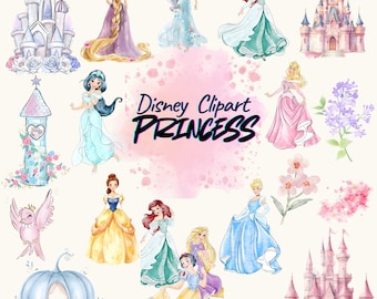 Paquete de imágenes prediseñadas de princesas en acuarela, personajes de cuentos de hadas, diseños mágicos (descarga instantánea)