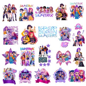 May include: A collection of colourful K-Pop themed graphics featuring stylised illustrations of female characters, text that reads "HUNTRAX", "K-POP DEMON HUNTERS", and other names. The designs include stars, bows, and musical notes.