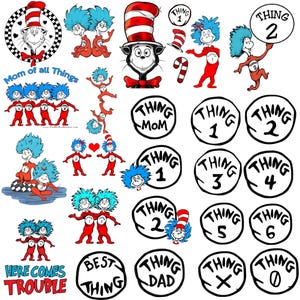 Könnte beinhalten: Eine Sammlung von Grafiken zum Thema Dr. Seuss mit dem Kater mit Hut, Thing 1, Thing 2 und anderen Charakteren. Enthält kreisförmige Designs mit den Wörtern "Thing Mom", "Thing Dad" und den Zahlen 0-6. Der Satz "Here Comes Trouble" ist ebenfalls vorhanden.