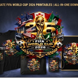 May include: A collection of FIFA World Cup 2026 merchandise, including a black t-shirt, tumbler, tote bag, mug, and framed print. The designs feature the FIFA World Cup logo, the number 26, and flags of the USA, Canada, and Mexico.