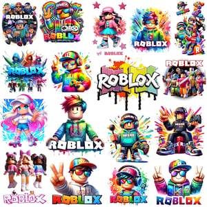 May include: A collection of colorful Roblox-themed graphics. The images feature characters with vibrant hair and clothing, some holding game controllers or microphones. The word "ROBLOX" is prominently displayed in various styles, with rainbow and graffiti-style designs.