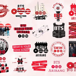 Puede incluir: Una colección de pegatinas y gráficos de BTS en rojo, blanco y negro. Los diseños incluyen texto como "BTS World Tour", "Arirang" y "Swim", junto con imágenes de la banda y símbolos relacionados.
