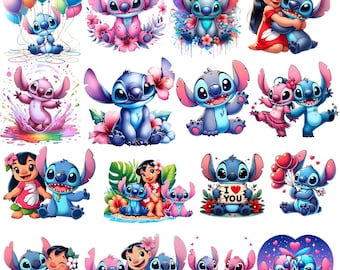 Clipart de acuarela de Lilo y Stitch, paquete PNG tropical (descarga digital)