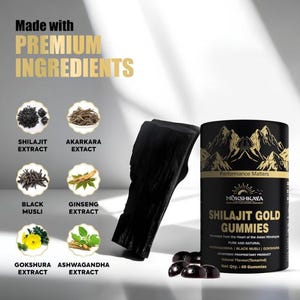 K&ouml;nnte beinhalten: Produktbild mit Shilajit Gold Gummies, einem schwarzen Block und mehreren dunkelbraunen Gummib&auml;rchen. Das Etikett lautet "Shilajit Gold Gummies" und "Hergestellt mit Premium-Zutaten". Verschiedene Extrakte sind ebenfalls abgebildet.