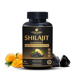 K&ouml;nnte beinhalten: Eine schwarze Flasche Shilajit Gummies mit schwarzem Deckel, mit dem Text "SHILAJIT GUMMIES NATURAL POWER BOOSTER". Das Bild zeigt Mangos und schwarze Shilajit-Felsen. Die Flasche enth&auml;lt 30 Gummib&auml;rchen und ist mit Mango aromatisiert.