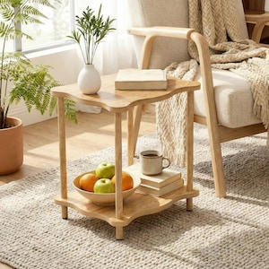 May include: A light wood side table with a wavy edge design. The table has two tiers, with a bowl of fruit and a coffee cup on the lower shelf. A vase with greenery and books are on the top shelf. A beige armchair and rug are in the background.