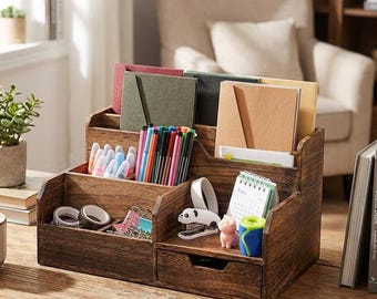 Wooden desktop organizer with 7 drawers, rustic style pencil case