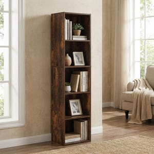 May include: A tall, dark brown wooden bookshelf with five shelves. The shelves display books, small potted plants, framed photos, and decorative vases. The bookshelf has a rustic, distressed finish, and is placed against a neutral wall.