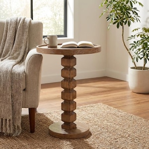 Pine column side table, distressed natural color, stacked column base